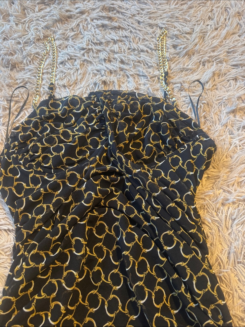 Fashion Nova Black One-Piece with Gold Chain Print and Chain Straps